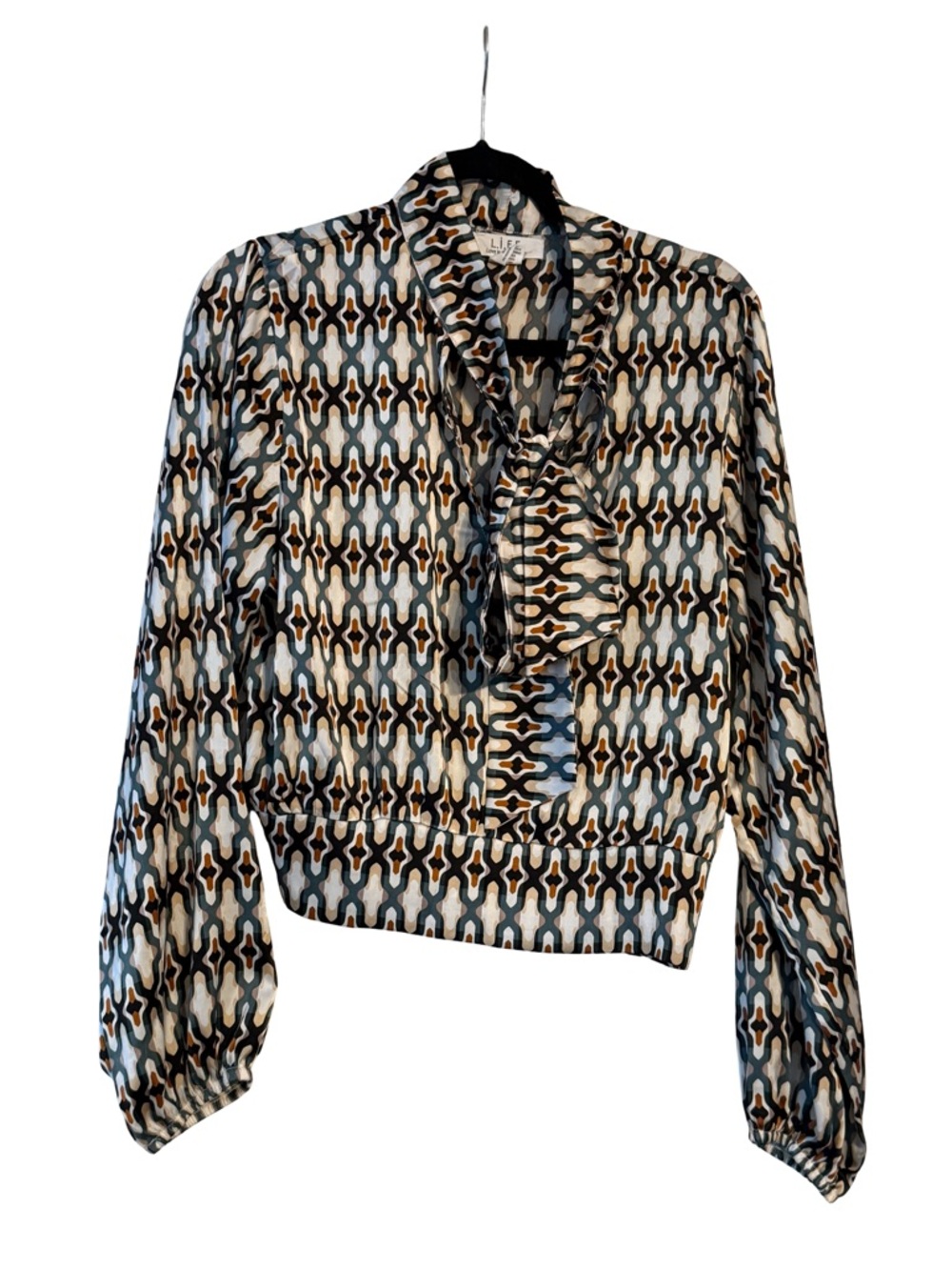 Lush Geometric Tie-Neck Blouse in Black, Cream & Blue